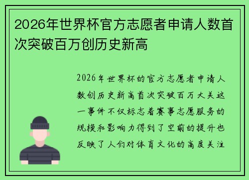 2026年世界杯官方志愿者申请人数首次突破百万创历史新高 2026年世界杯官方志愿者申请人数首次突破百万创历史新高