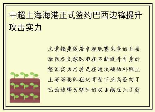 中超上海海港正式签约巴西边锋提升攻击实力 中超上海海港正式签约巴西边锋提升攻击实力