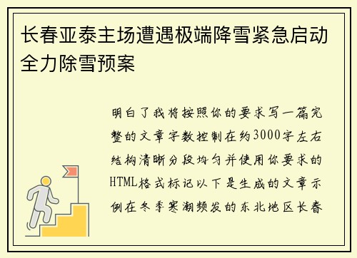 长春亚泰主场遭遇极端降雪紧急启动全力除雪预案 长春亚泰主场遭遇极端降雪紧急启动全力除雪预案